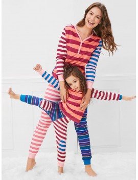 Christmas Contrast Striped Print Mom Kids Pajama Set - Kid 4t