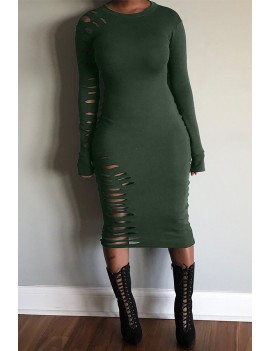 Lovely Casual Hollow-out Green Mid Calf Dress