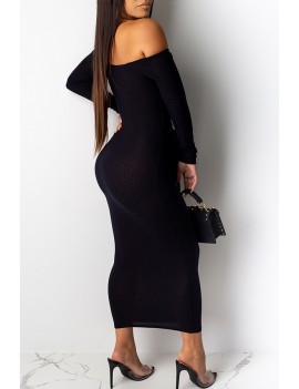 Lovely Casual Dew Shoulder Black Ankle Length Dress