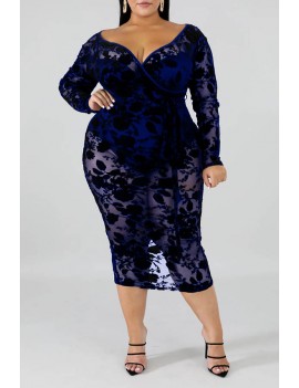 Lovely Beautiful V Neck Hollow-out Vivid Blue Mid Calf Plus Size Dress