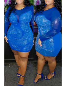 Lovely Beautiful See-through Patchwork Blue Mini Plus Size Dress