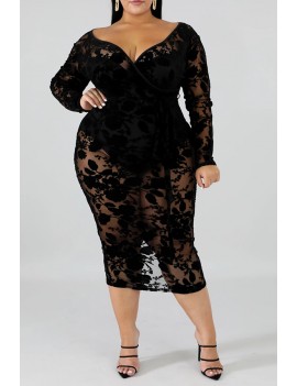 Lovely Beautiful V Neck Hollow-out Black Mid Calf Plus Size Dress