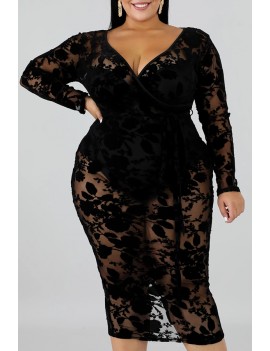 Lovely Beautiful V Neck Hollow-out Black Mid Calf Plus Size Dress
