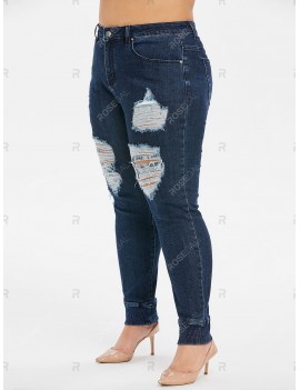 Plus Size Dark Wash Distressed Pocket Jogger Jeans - L