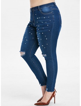 Plus Size Faux Pearl Embellished Ripped Tapered Jeans - 5x