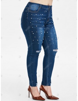 Plus Size Faux Pearl Embellished Ripped Tapered Jeans - 5x
