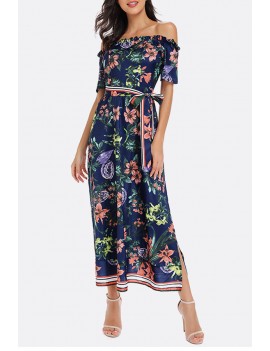 Lovely Bohemian Off The Shoulder Floral Printed Deep Blue Mid Calf Dress