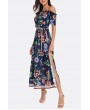 Lovely Bohemian Off The Shoulder Floral Printed Deep Blue Mid Calf Dress