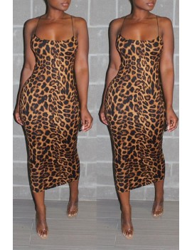 Lovely Beautiful Spaghetti Straps Leopard Printed Multicolor Ankle Length Dress(Without Accessories)