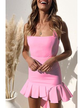 Lovely Bohemian Square Collar Spaghetti Straps Ruffle Light Pink Mini Dress