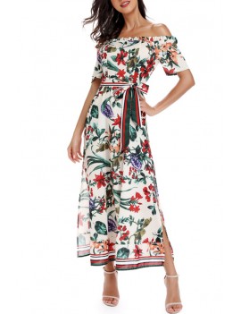 Lovely Bohemian Off The Shoulder Floral Printed White Mid Calf Dress