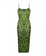 Lovely Beautiful Spaghetti Straps Leopard Printed Green Ankle Length Dress