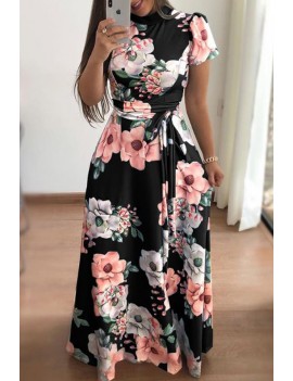 Lovely Bohemian Floral Printed Black Floor Length Dress