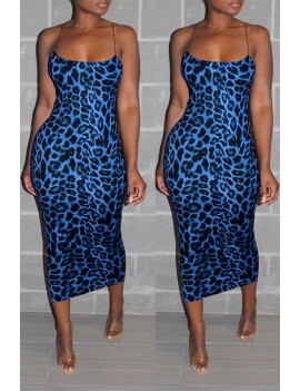 Lovely Beautiful Spaghetti Straps Leopard Printed Blue Ankle Length Dress