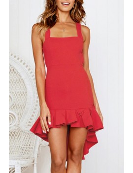 Lovely Bohemian Square Collar Spaghetti Straps Ruffle Red Mini Dress