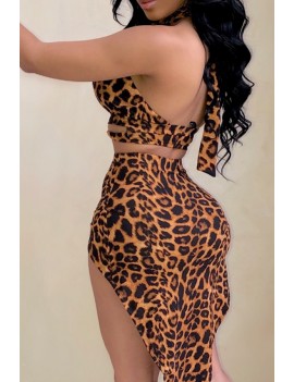 Lovely Beautiful Halter Neck Leopard Printed Hollow-out Yellow Two-piece Shorts Set