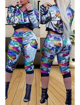Lovely Beautiful Patchwork Sequined Multicolor Two-piece Pants Set