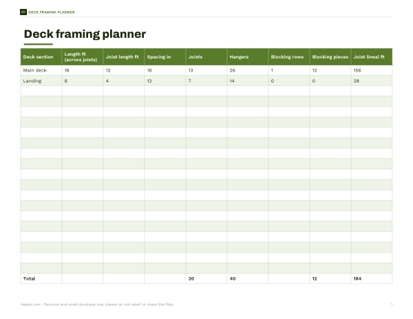 Preview of Printable Joist Spacing Workbook